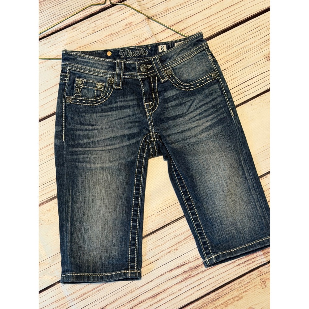 Miss Me Girls Dark Wash Denim Bermuda Shorts Embellished Pockets Size 8 JK7537B